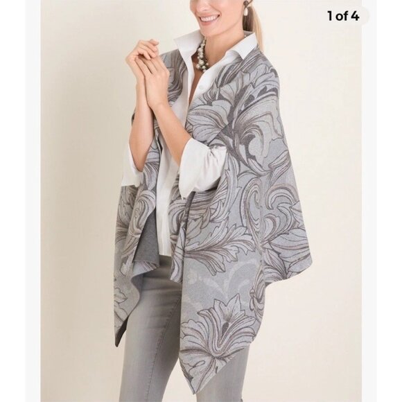 Chico's Sweaters - Chico's Reversible Floral Travel Ruana Wrap Metallic Poncho Sweater OS New